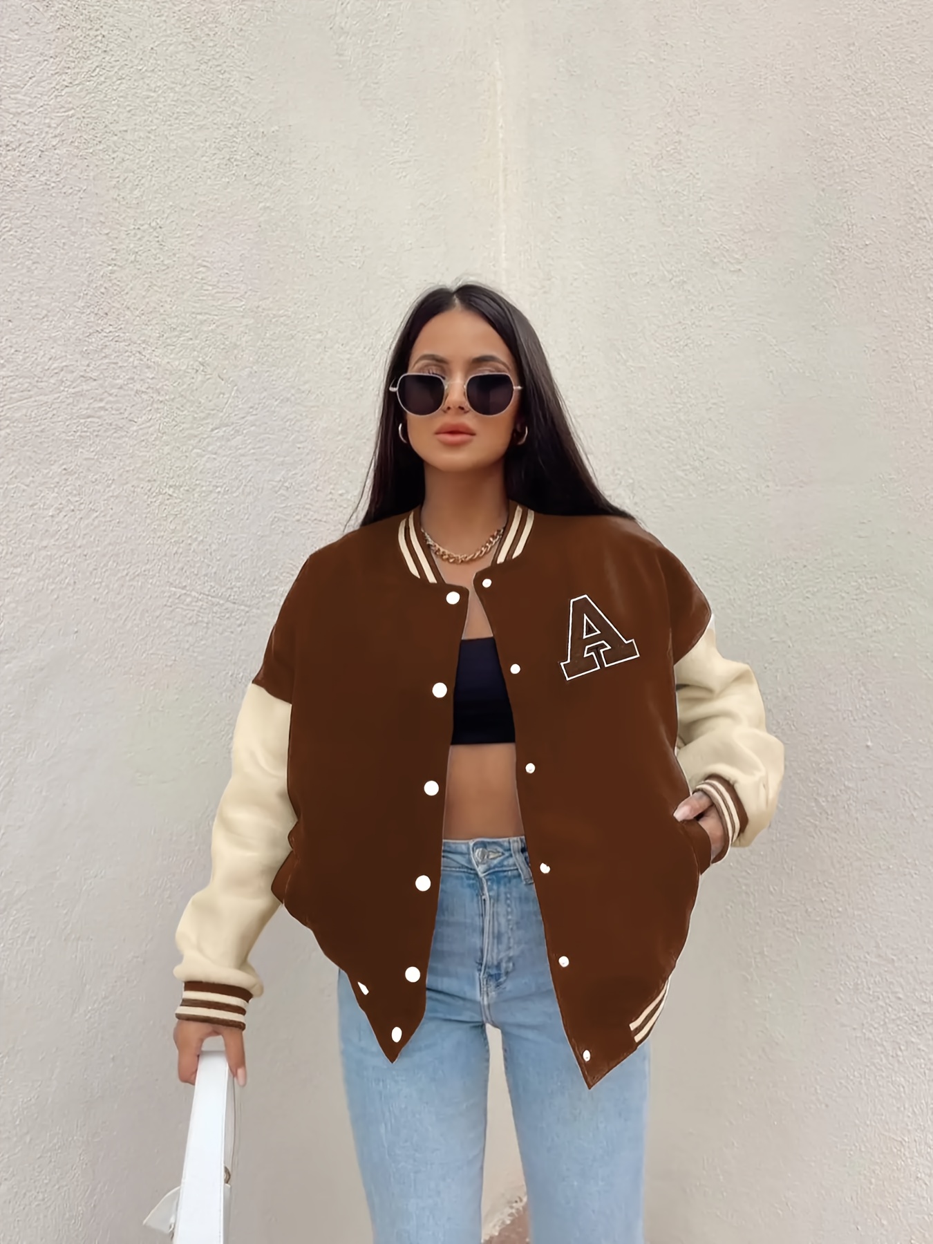 color block letter print bomber jacket casual crop button front pockets jacket womens clothing details 0