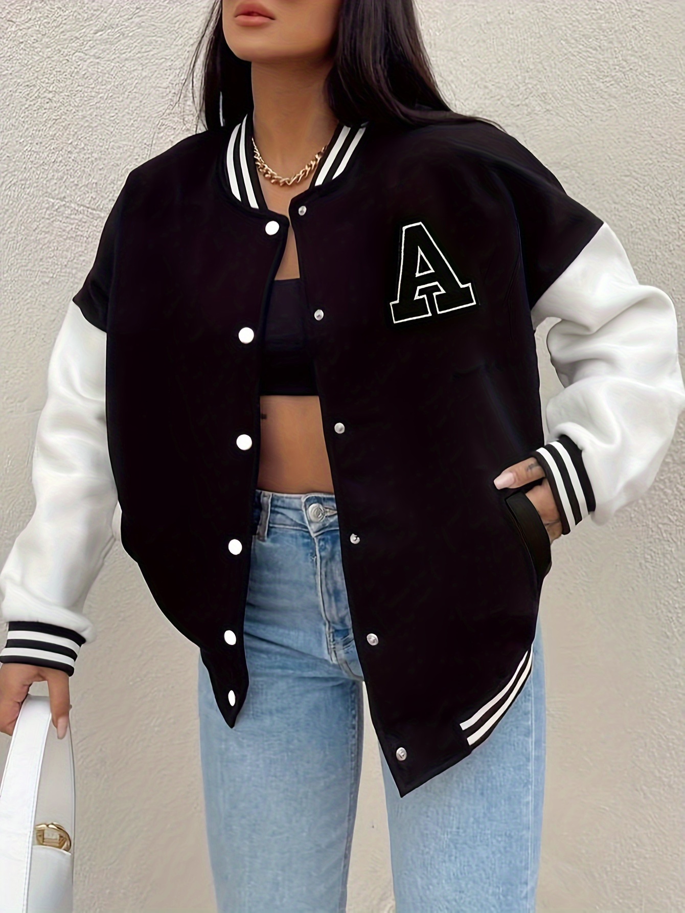 color block letter print bomber jacket casual crop button front pockets jacket womens clothing details 9