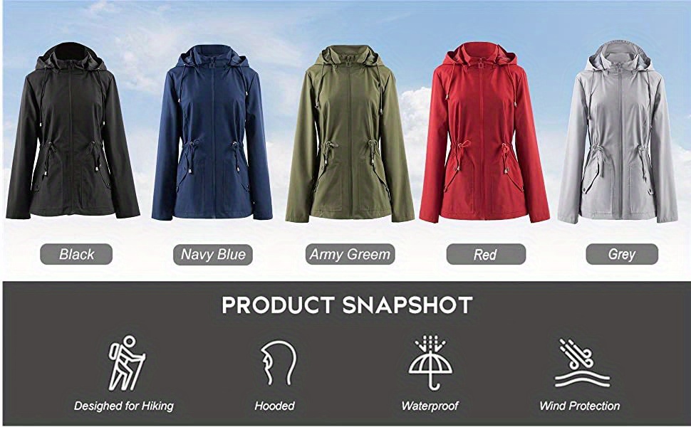 waterproof windbreaker raincoat breathable outdoor hooded jacket for hiking camping cycling running long sleeve zip up drawstring hood jacket womens clothing details 2