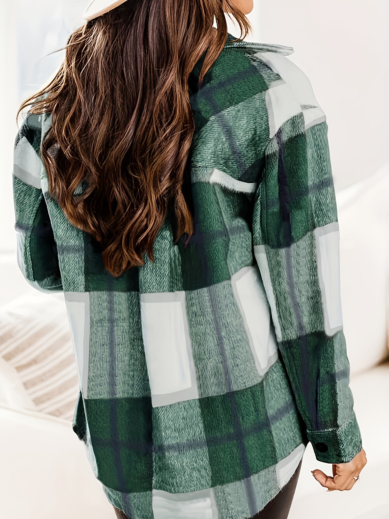 plaid print shacket jacket casual button front long sleeve outerwear womens clothing details 1