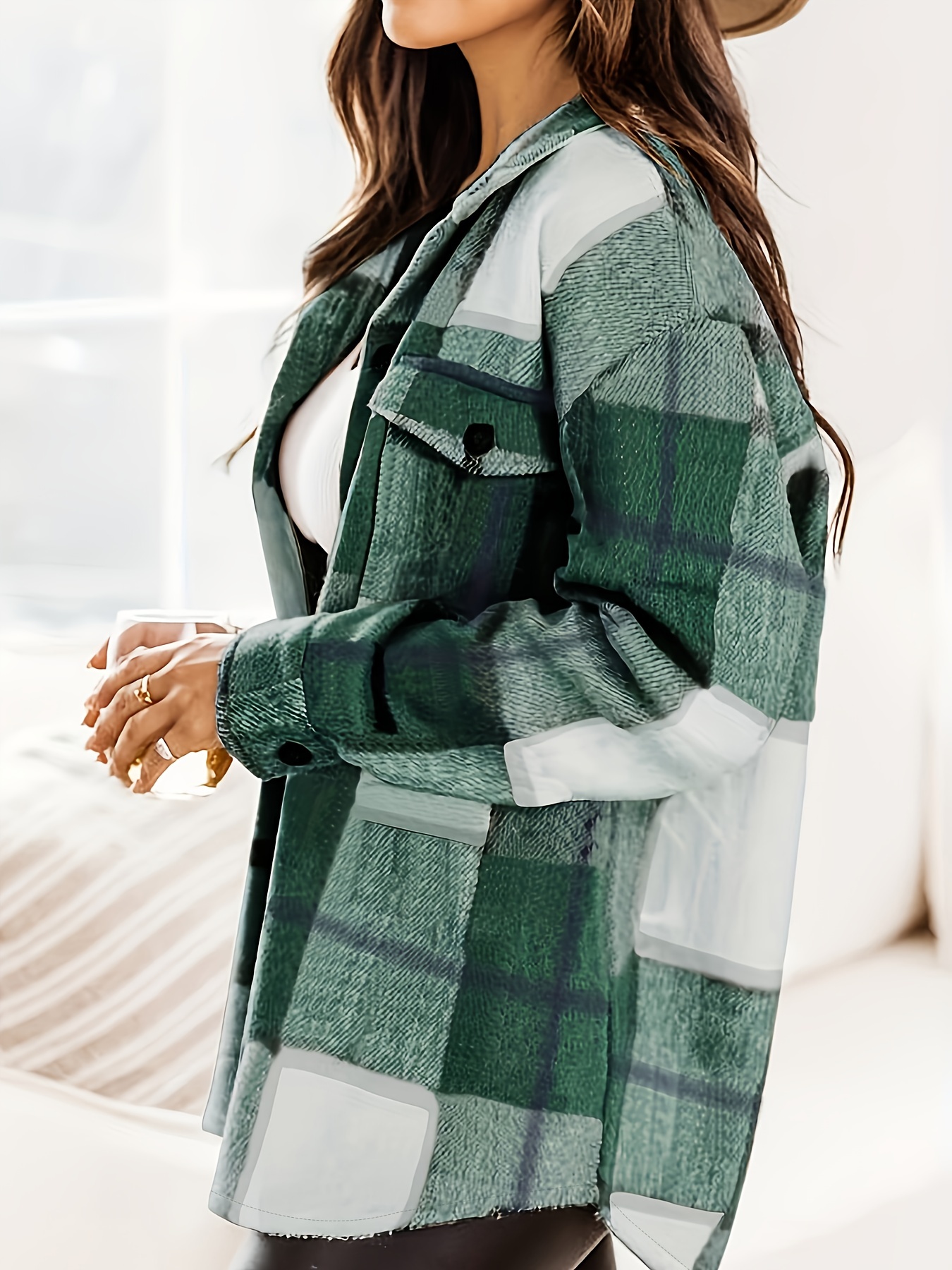 plaid print shacket jacket casual button front long sleeve outerwear womens clothing details 2