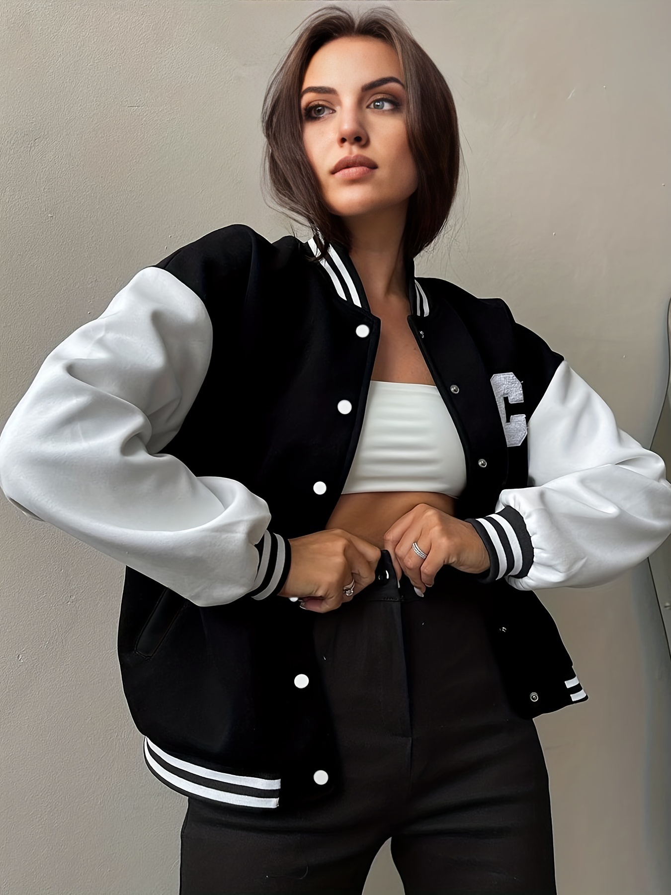 color block letterman varsity jacket versatile long sleeve button front jacket womens clothing details 12