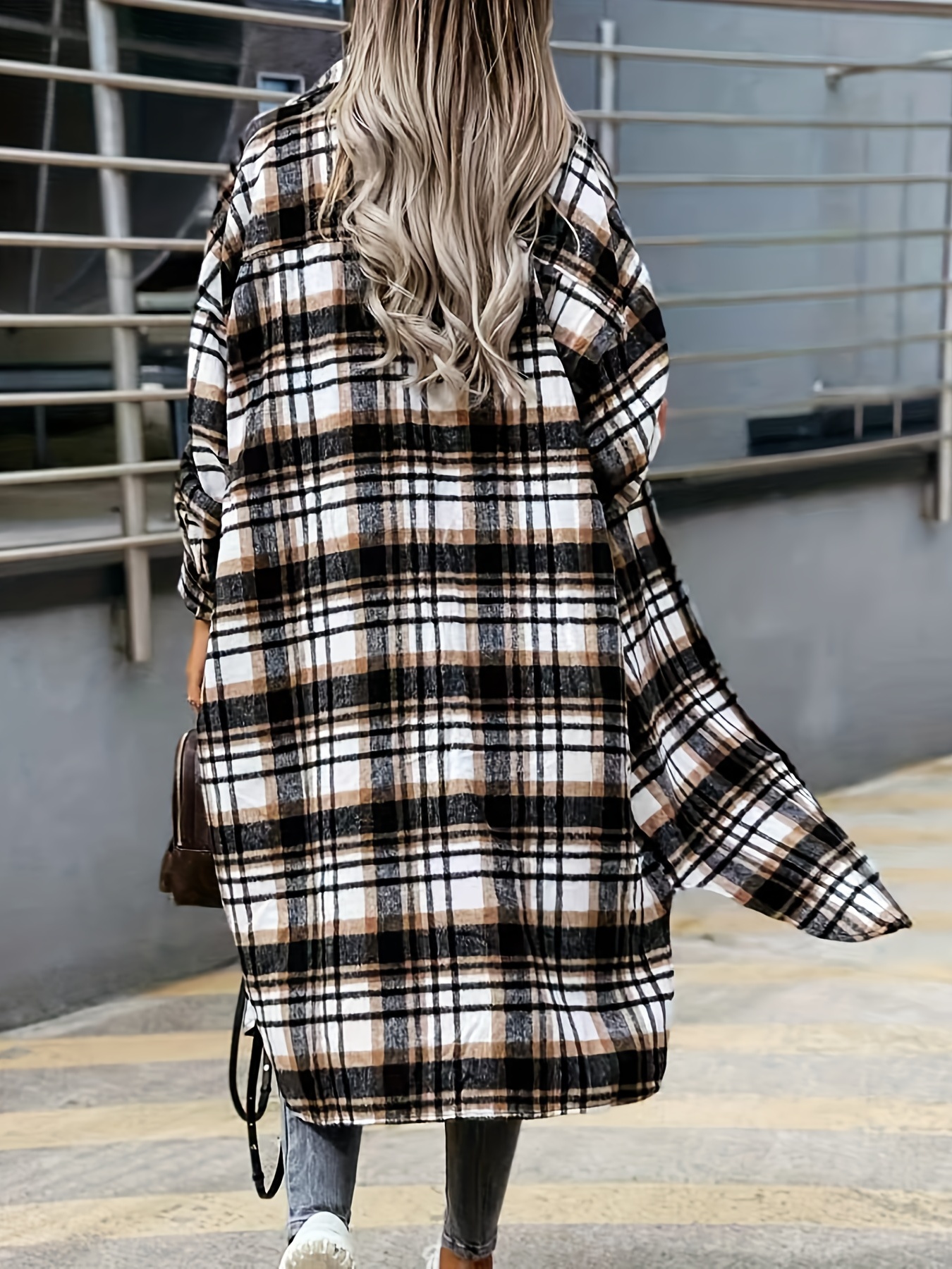 plaid print long length jacket casual button front flap pockets outwear womens clothing details 6