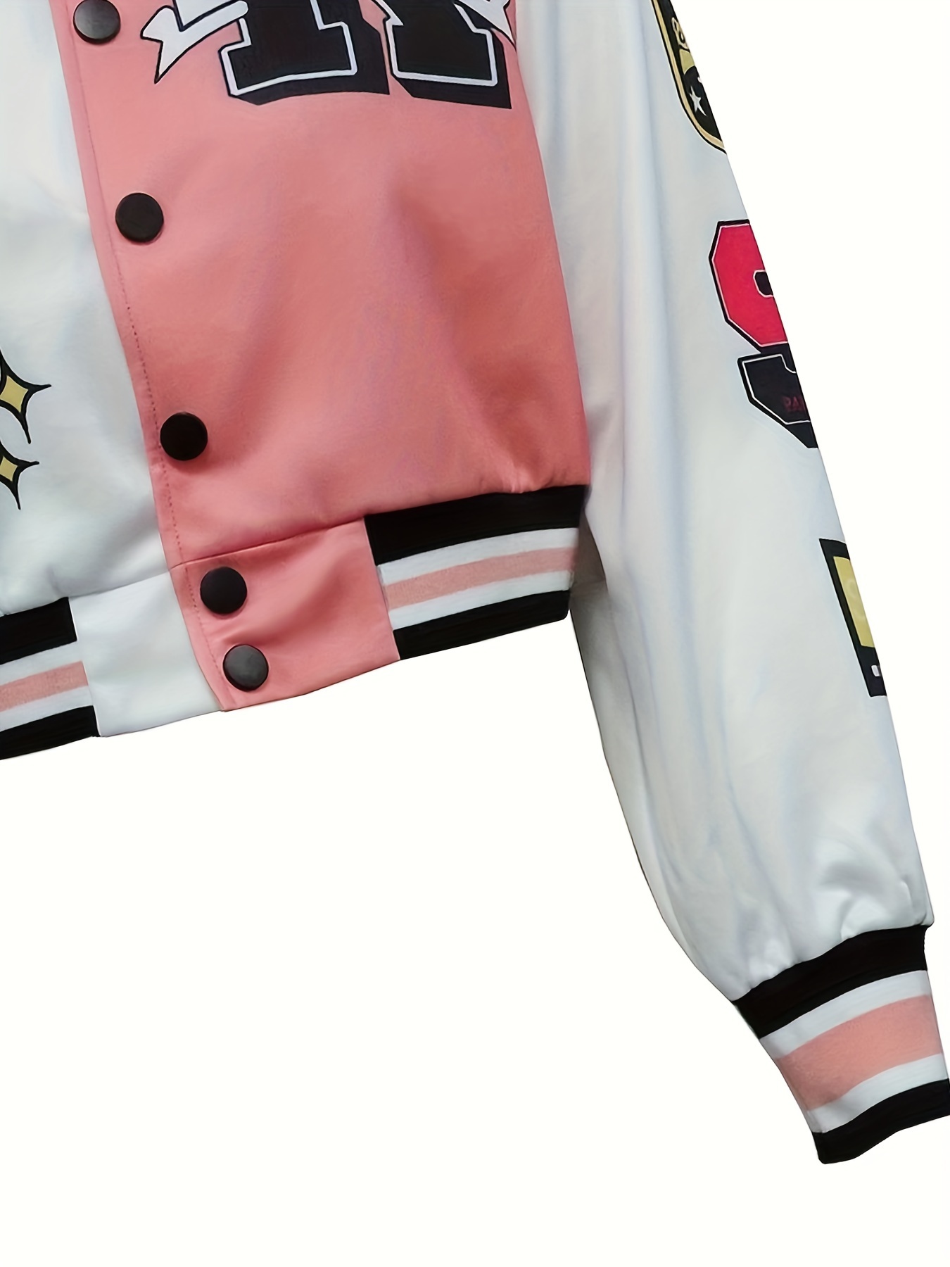 letter print button front varsity jacket casual long sleeve baseball neck outerwear womens clothing details 11