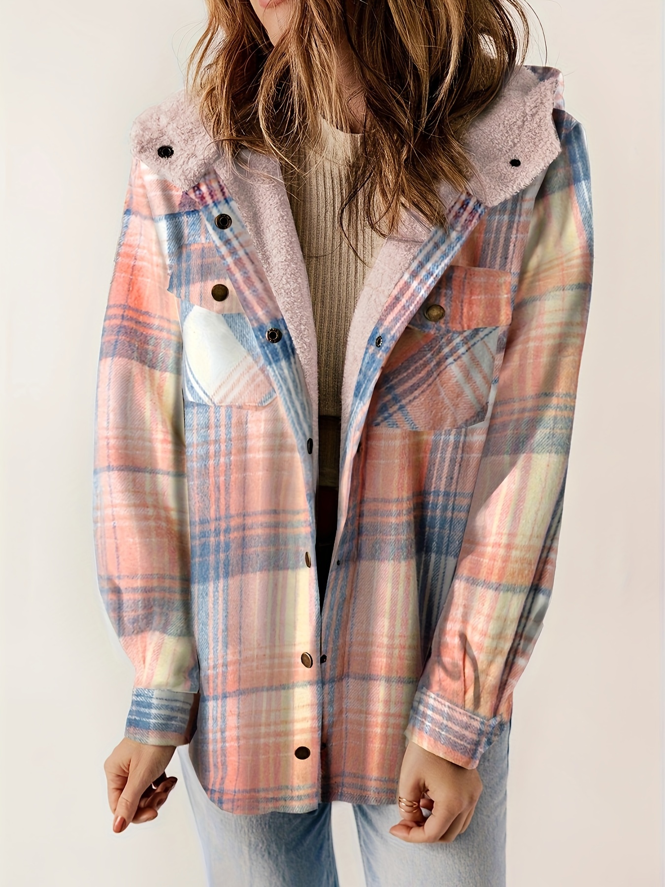 plaid pattern hooded jacket casual button front long sleeve outerwear womens clothing details 0