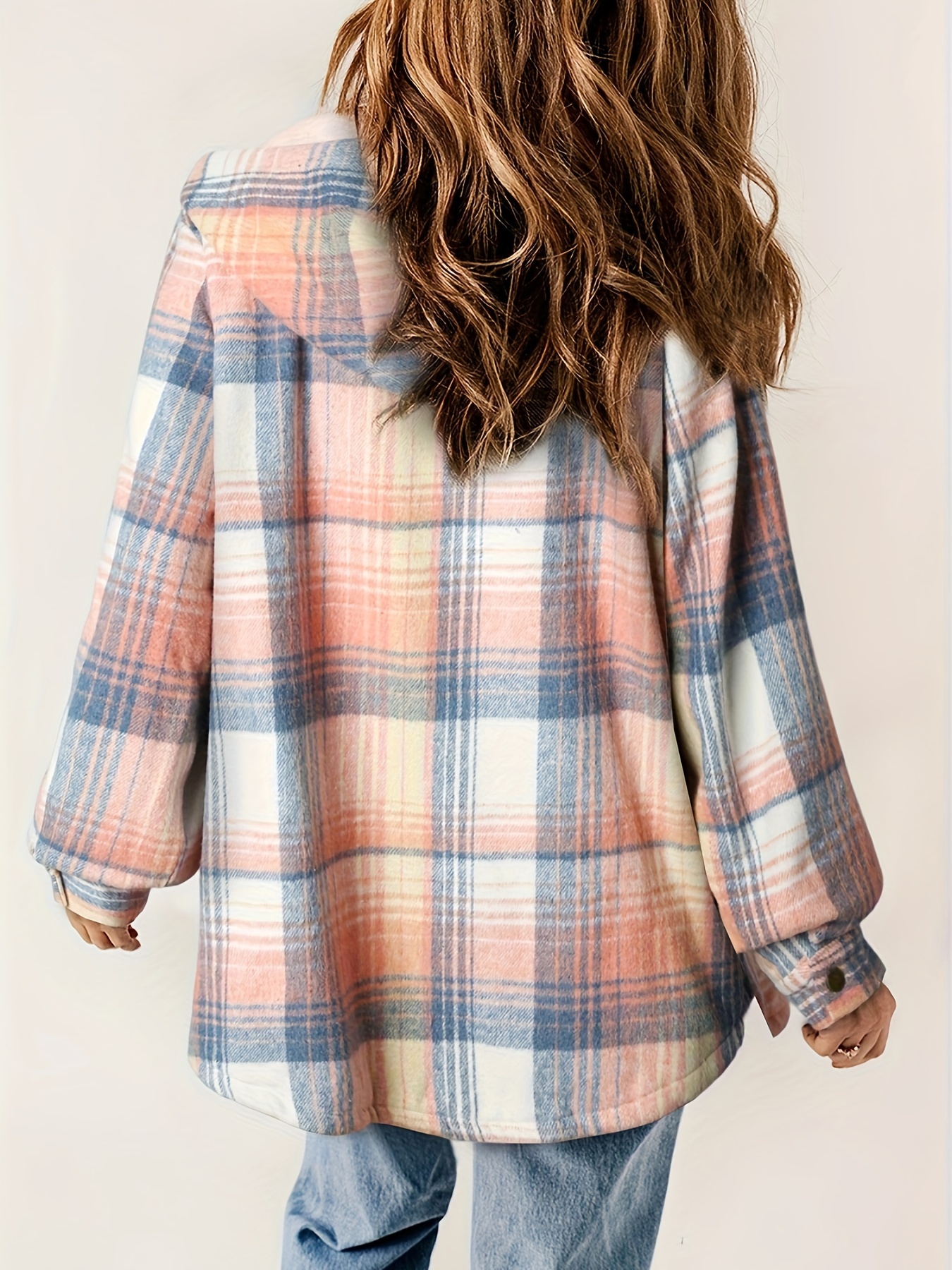 plaid pattern hooded jacket casual button front long sleeve outerwear womens clothing details 4