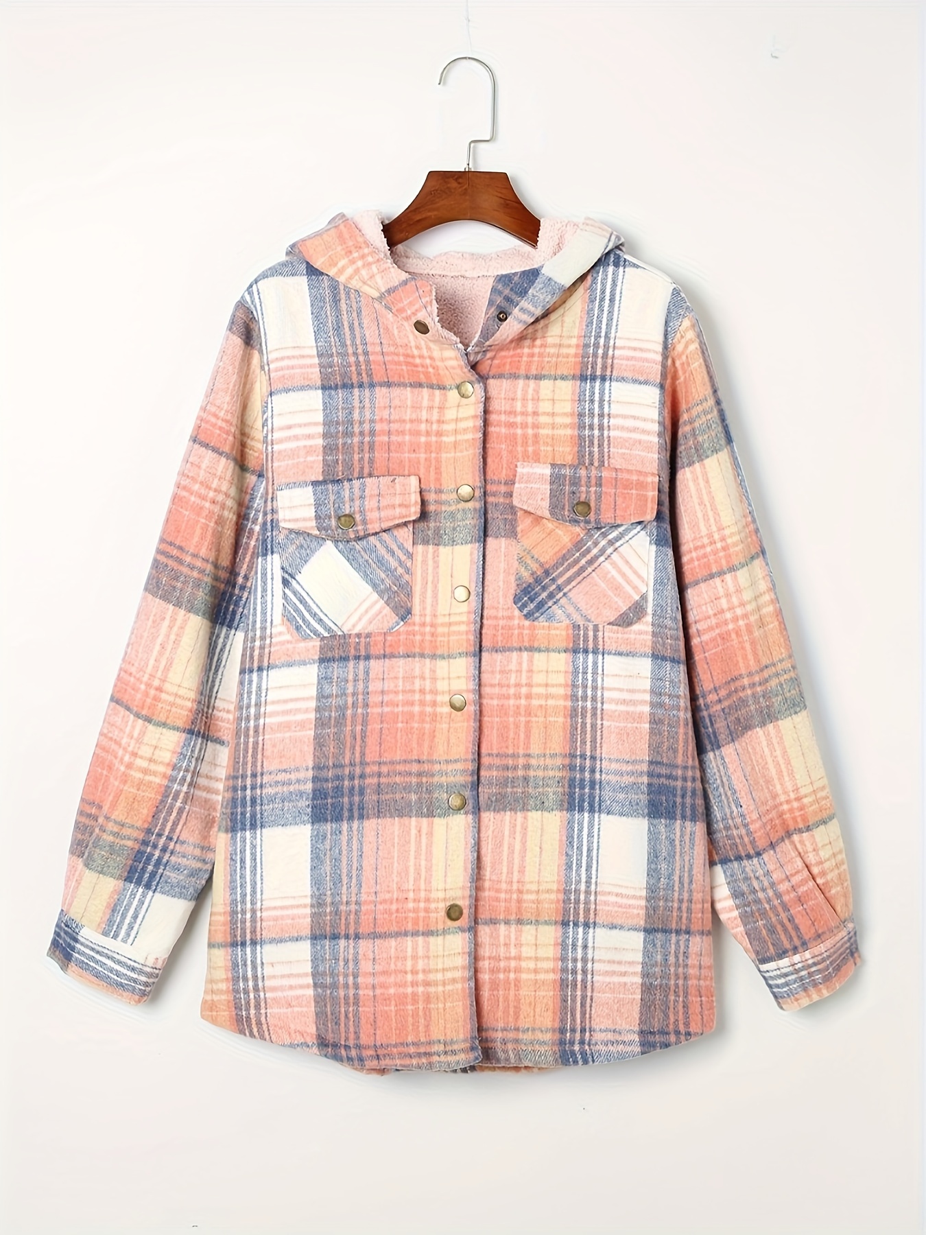 plaid pattern hooded jacket casual button front long sleeve outerwear womens clothing details 6