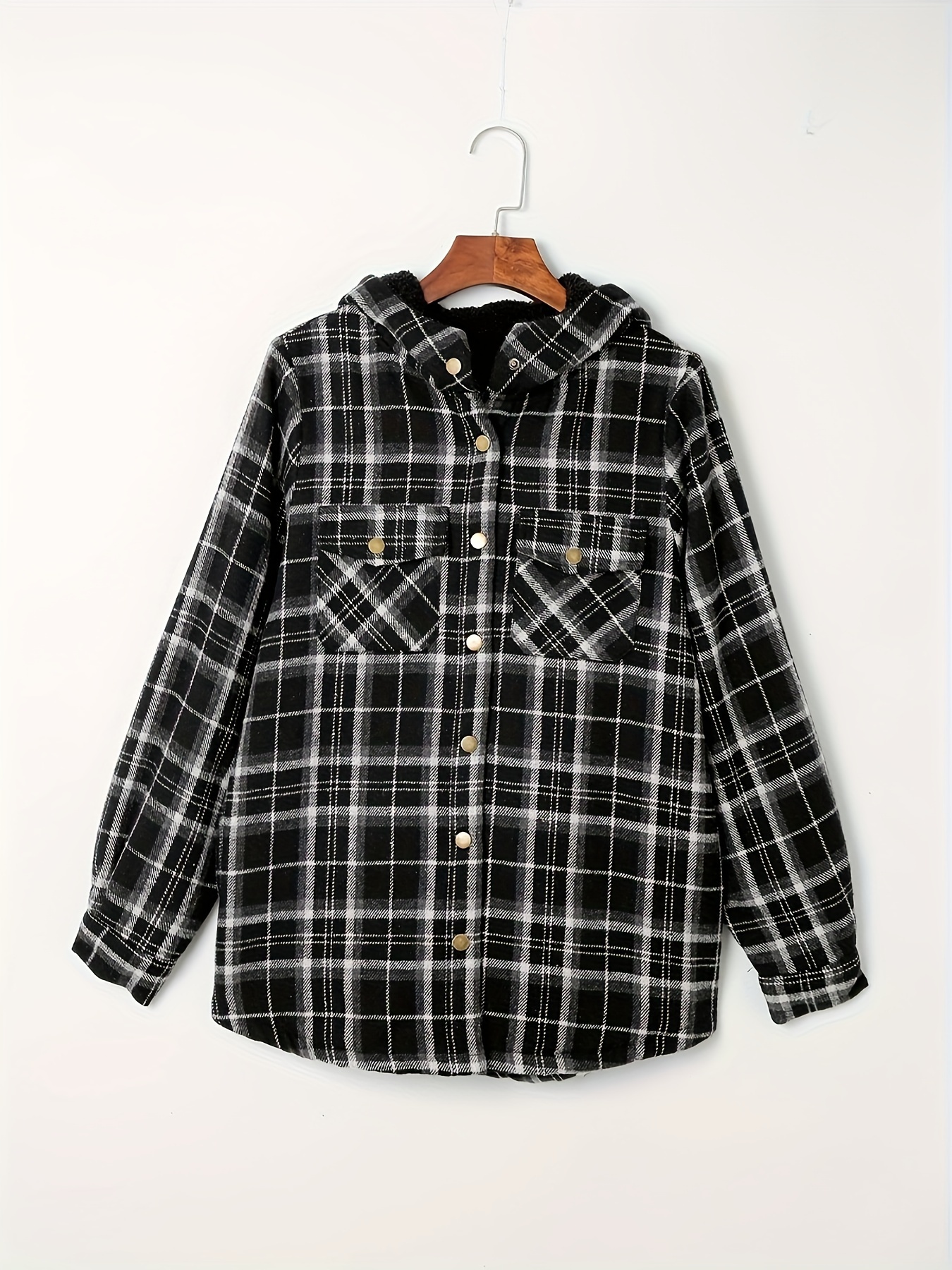 plaid pattern hooded jacket casual button front long sleeve outerwear womens clothing details 13