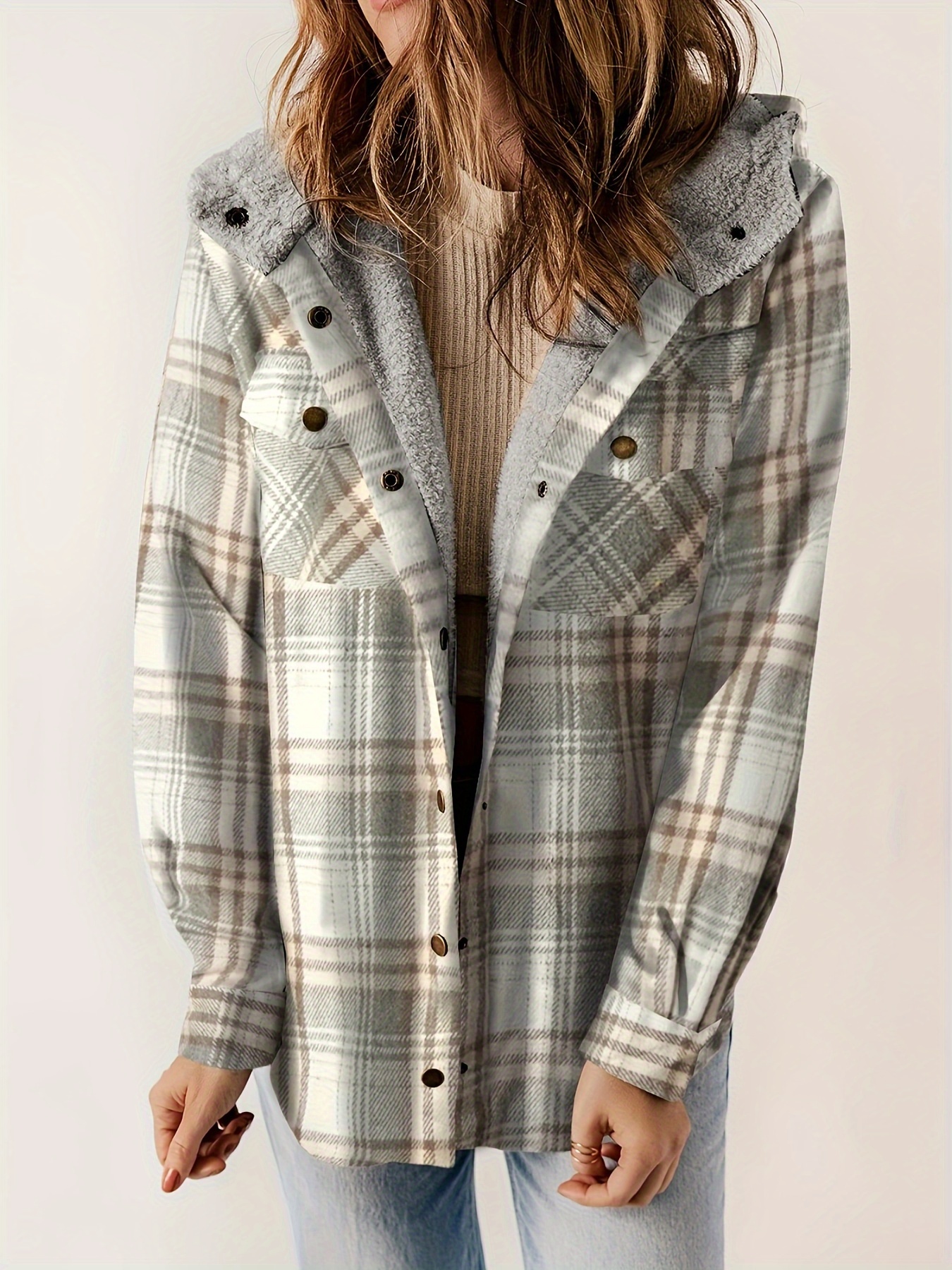 plaid pattern hooded jacket casual button front long sleeve outerwear womens clothing details 14