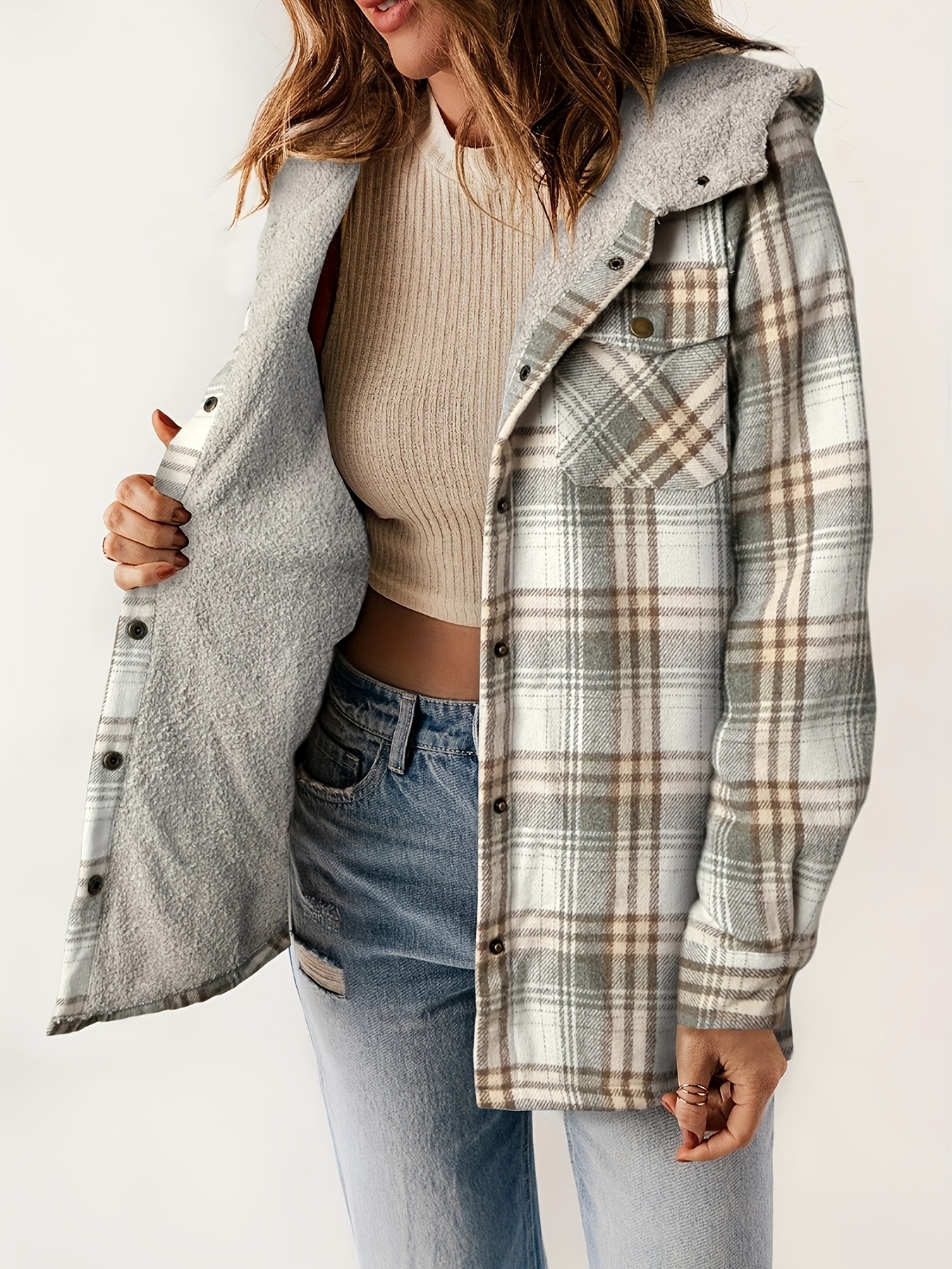 plaid pattern hooded jacket casual button front long sleeve outerwear womens clothing details 19