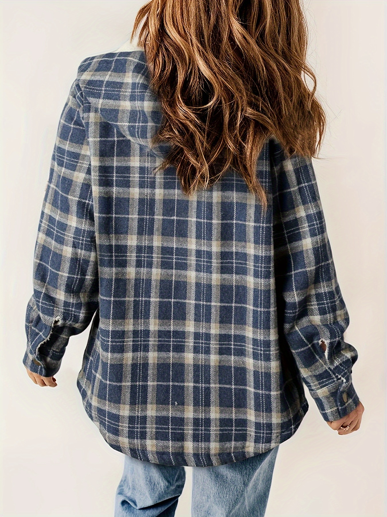 plaid pattern hooded jacket casual button front long sleeve outerwear womens clothing details 25