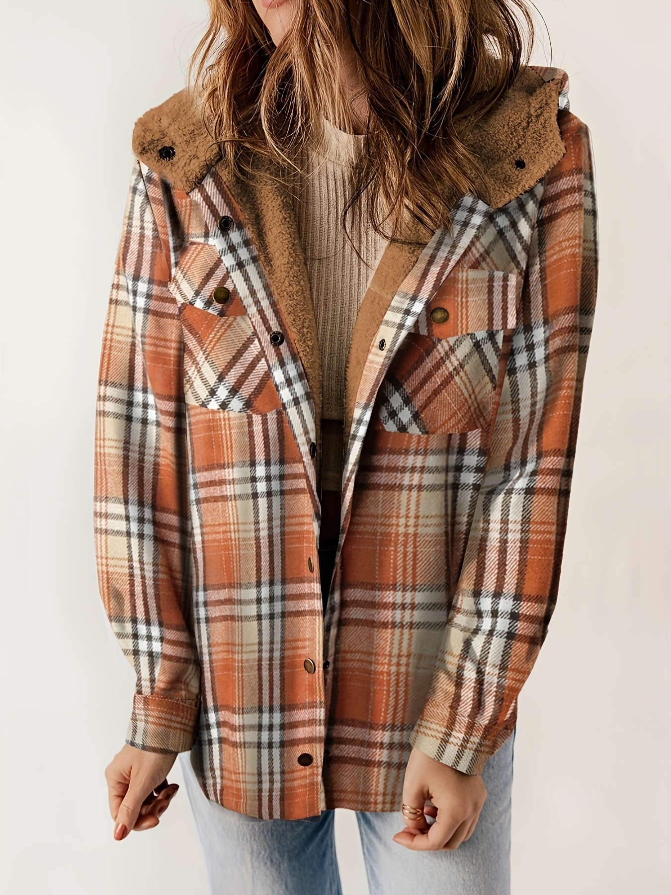 plaid pattern hooded jacket casual button front long sleeve outerwear womens clothing details 28