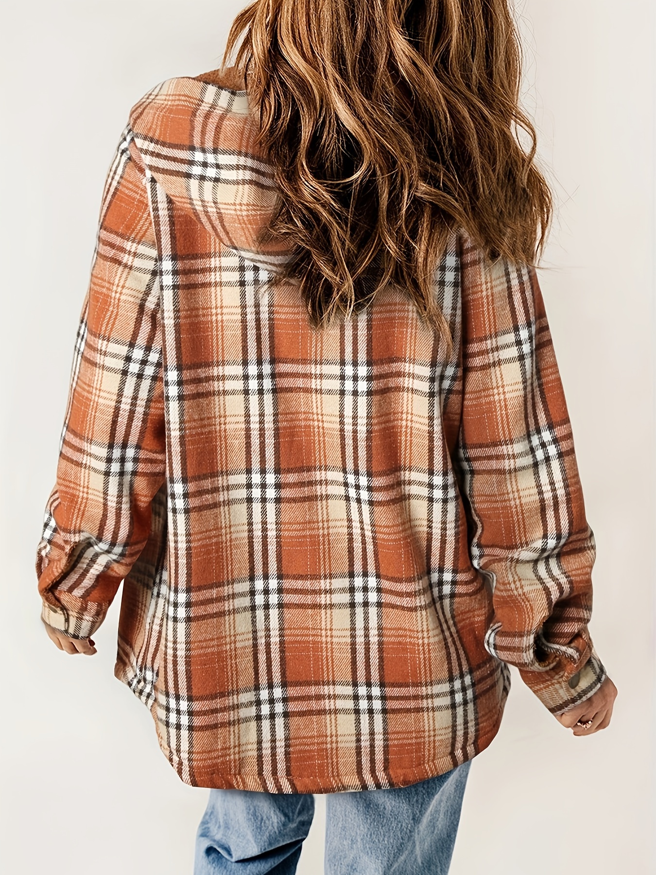 plaid pattern hooded jacket casual button front long sleeve outerwear womens clothing details 32