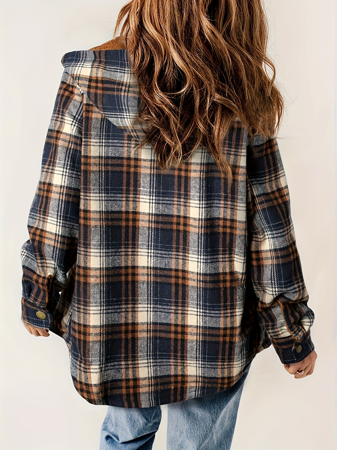 plaid pattern hooded jacket casual button front long sleeve outerwear womens clothing details 52