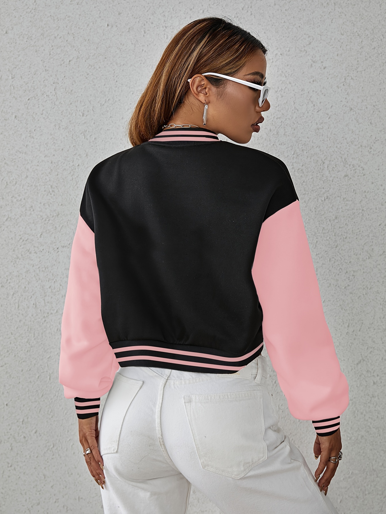 letter pattern button bomber jacket preppy long sleeve jacket for fall winter womens clothing details 3