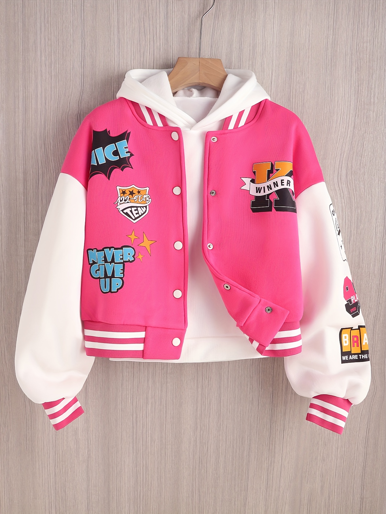 letter pattern button bomber jacket preppy long sleeve jacket for fall winter womens clothing details 15