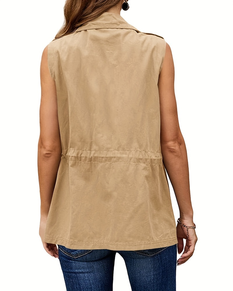 solid flap pockets drawstring vest versatile sleeveless zipper vest for spring fall womens clothing details 2