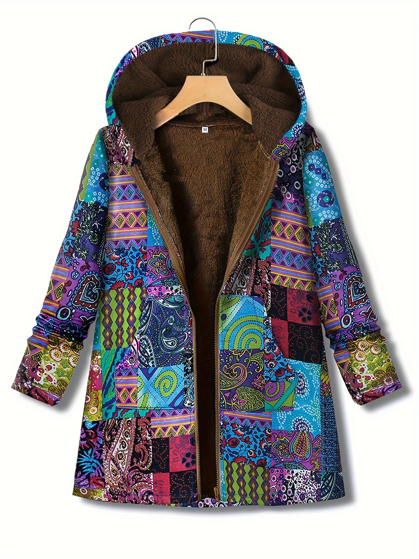 geometric print kangaroo pocket coat casual long sleeve hooded thermal coat womens clothing details 4