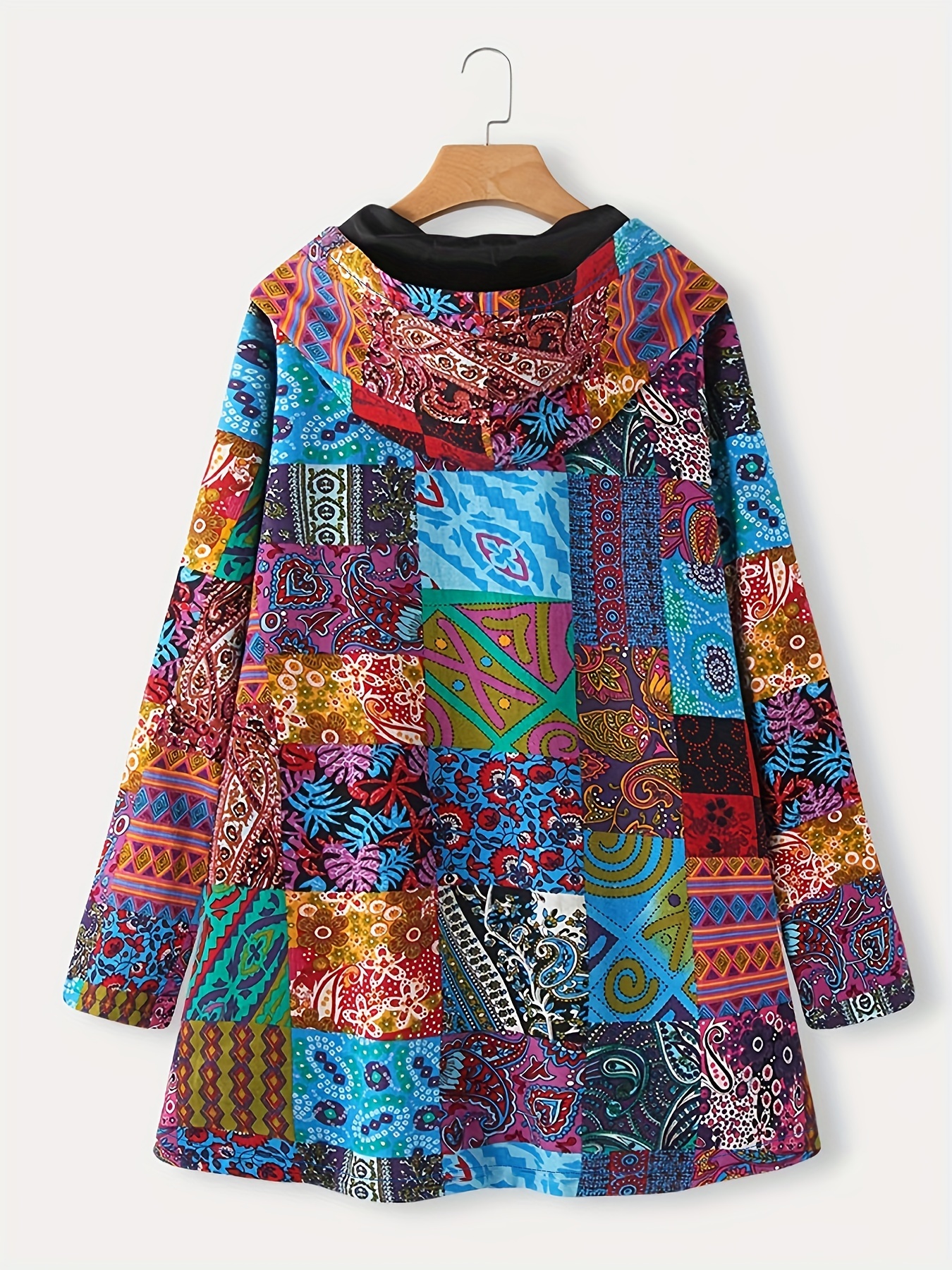 geometric print kangaroo pocket coat casual long sleeve hooded thermal coat womens clothing details 5