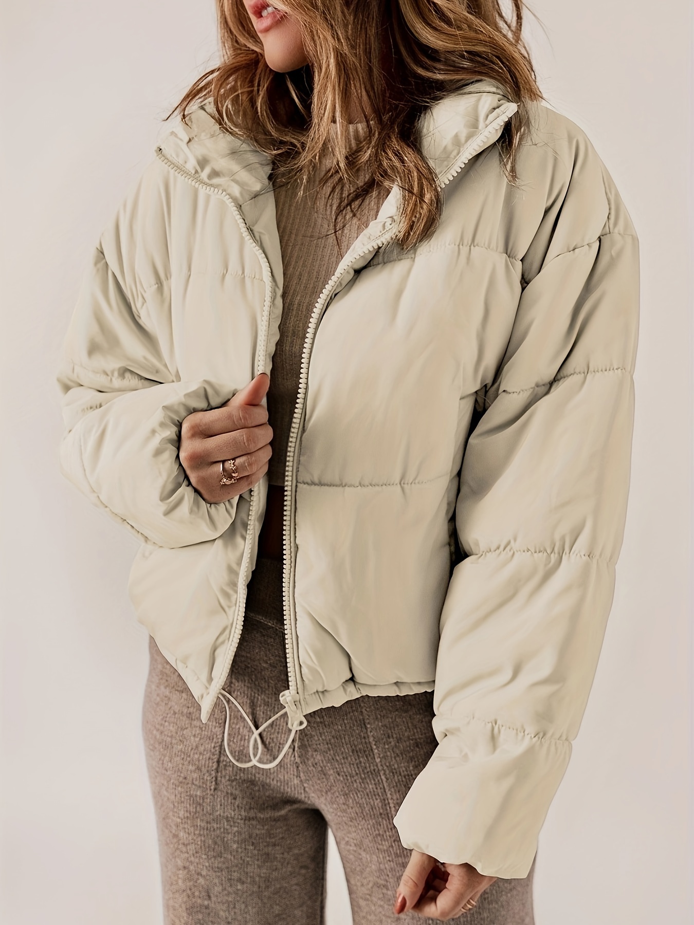 solid color zip up puffy jacket casual long sleeve coat for fall winter womens clothing details 0