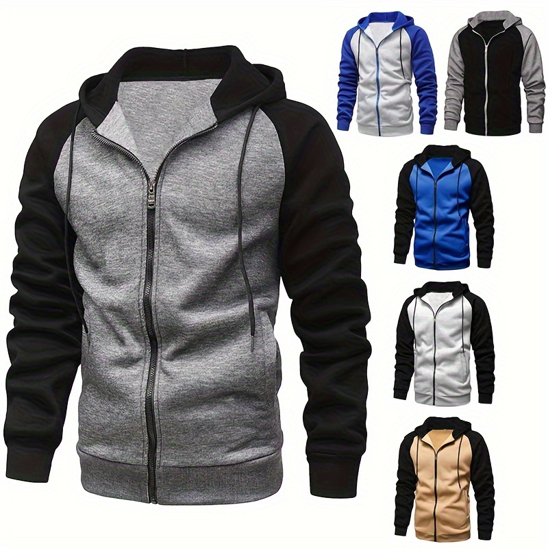 mens casual zip up hoodie chic color block hooded sweatshirt details 0