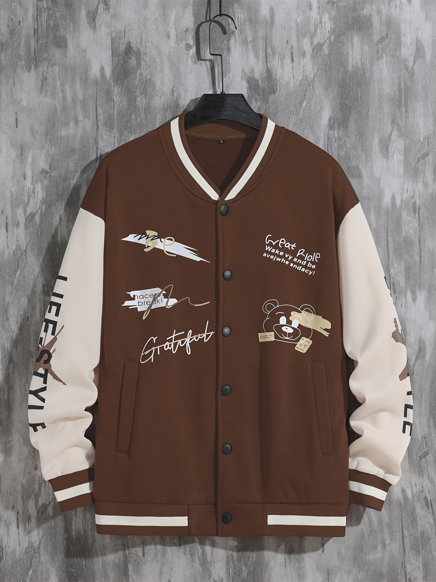 letter print varsity jacket mens casual baseball jacket coat regular fit college hipster windbreaker for spring autumn details 22