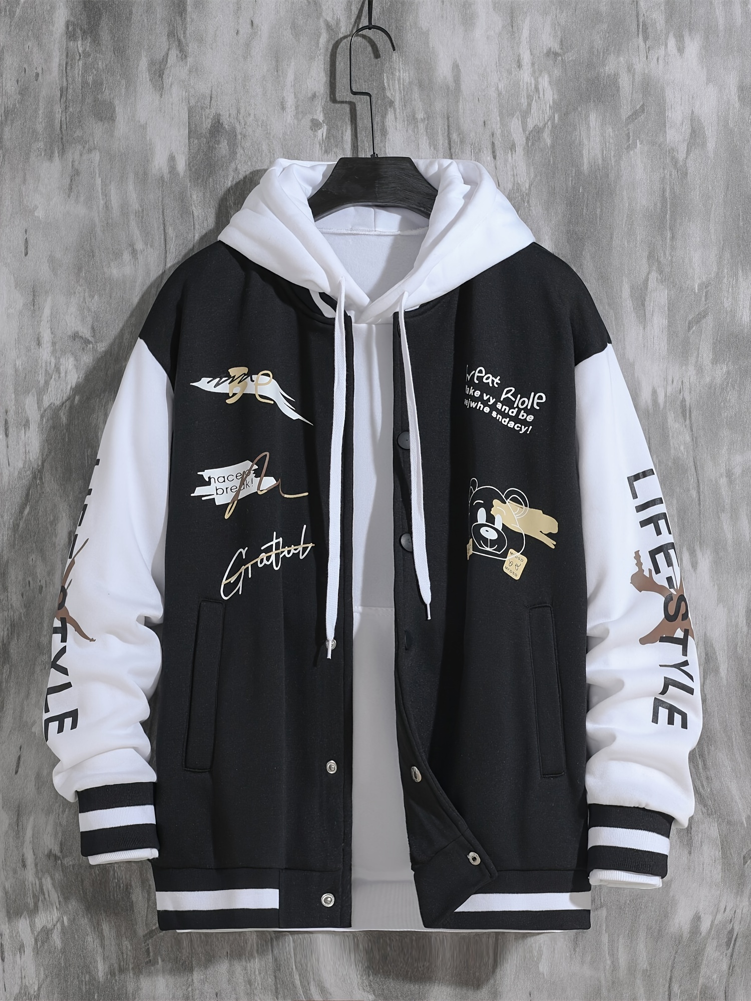 letter print varsity jacket mens casual baseball jacket coat regular fit college hipster windbreaker for spring autumn details 5