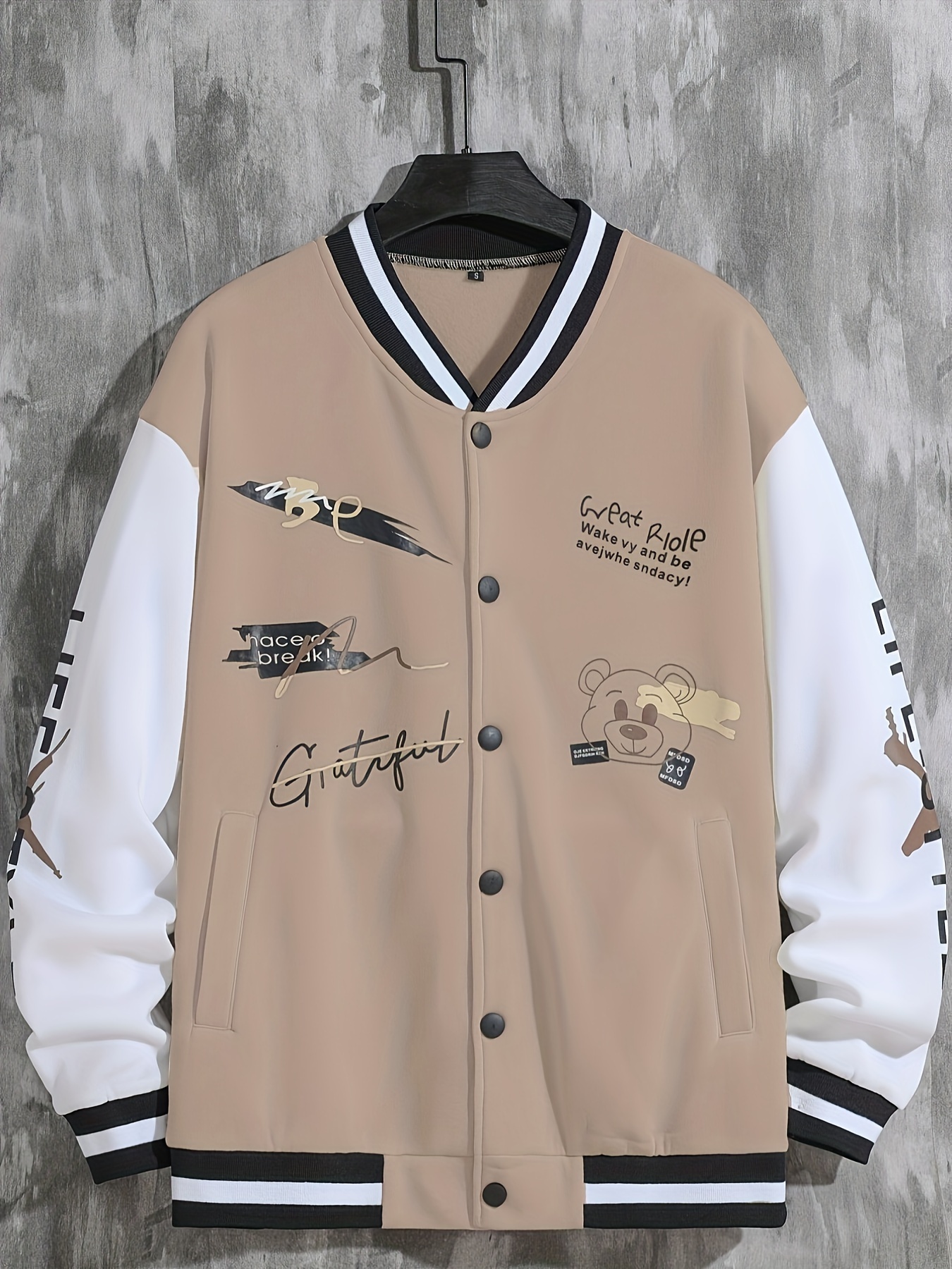 letter print varsity jacket mens casual baseball jacket coat regular fit college hipster windbreaker for spring autumn details 12