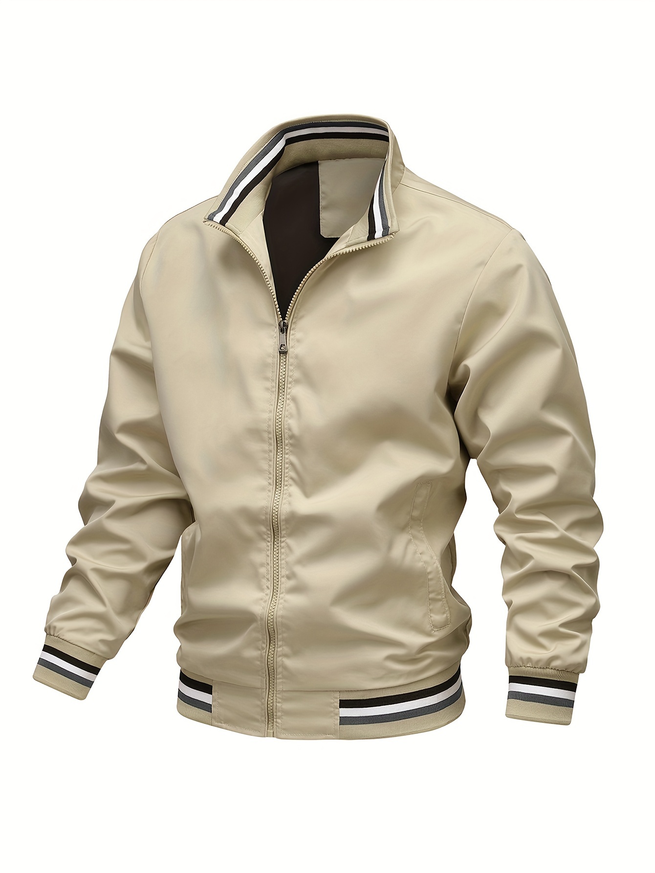 stripe edge bomber jacket mens casual stand collar zip up jacket for spring summer outdoor details 6