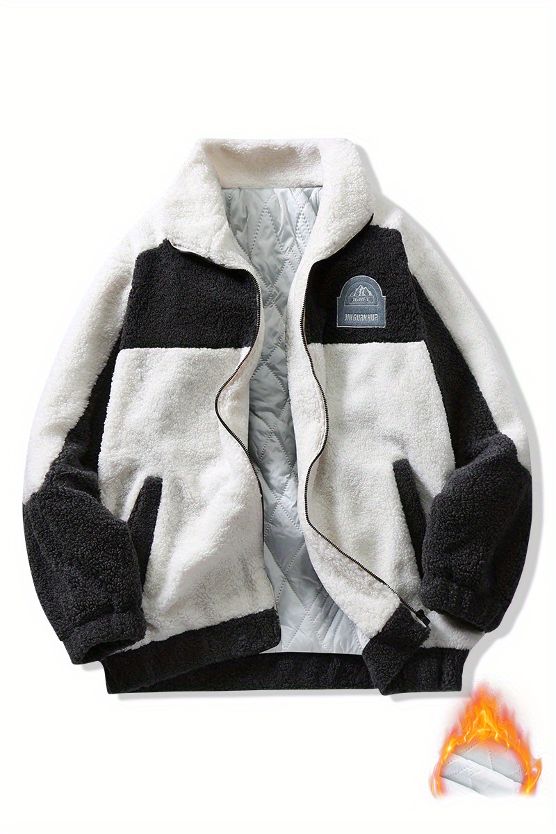 warm plush fleece jacket, warm plush fleece jacket mens casual color block stand collar jacket coat for fall winter details 7