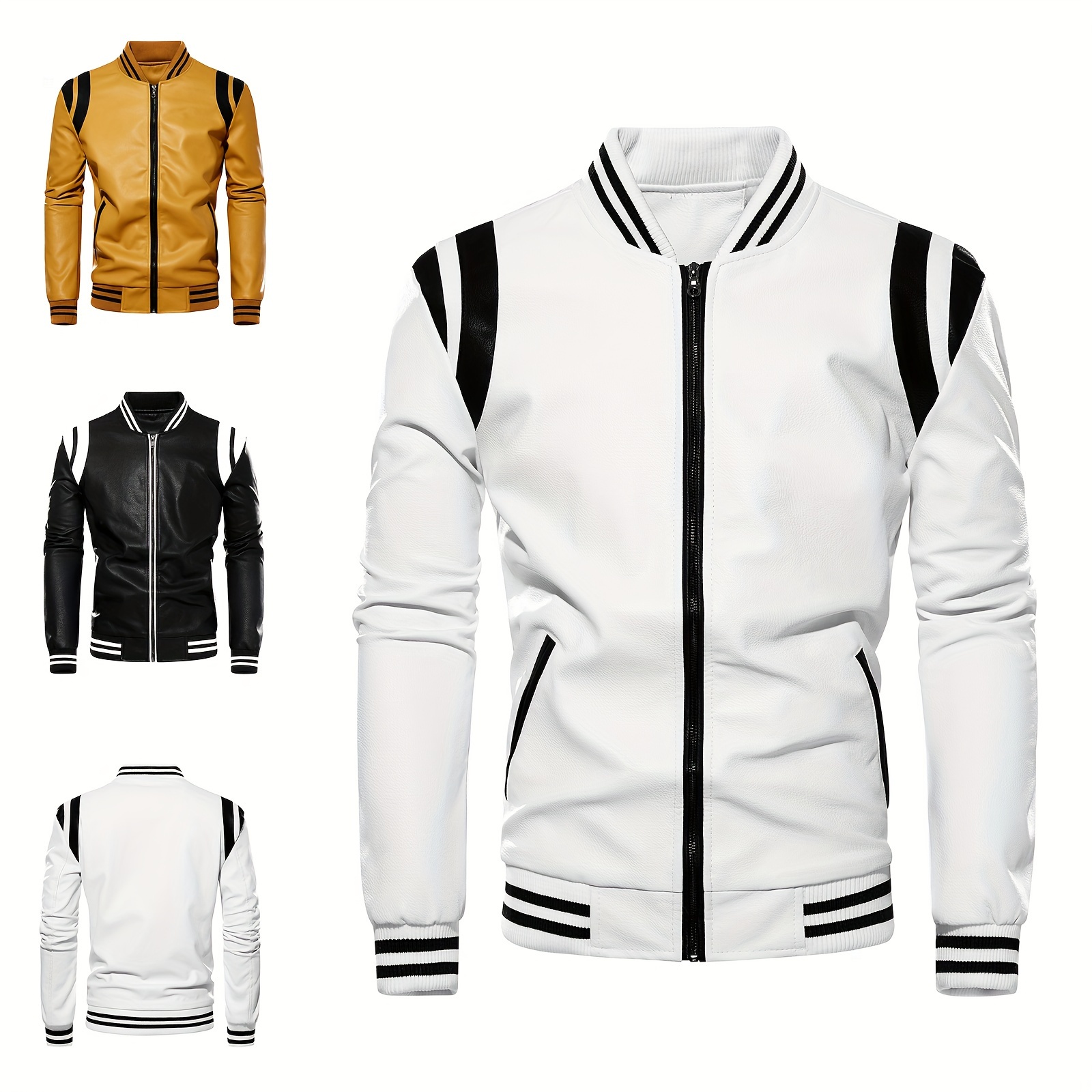 mens stylish comfy vintage style color matching pu leather jacket with pockets casual baseball collar zip up long sleeve varsity jacket details 0