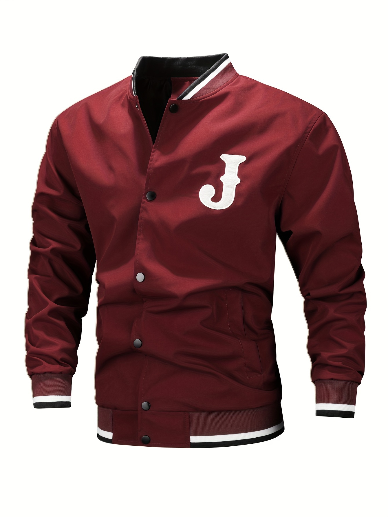 mens casual letter print varsity jacket chic baseball collar button up bomber jacket details 6