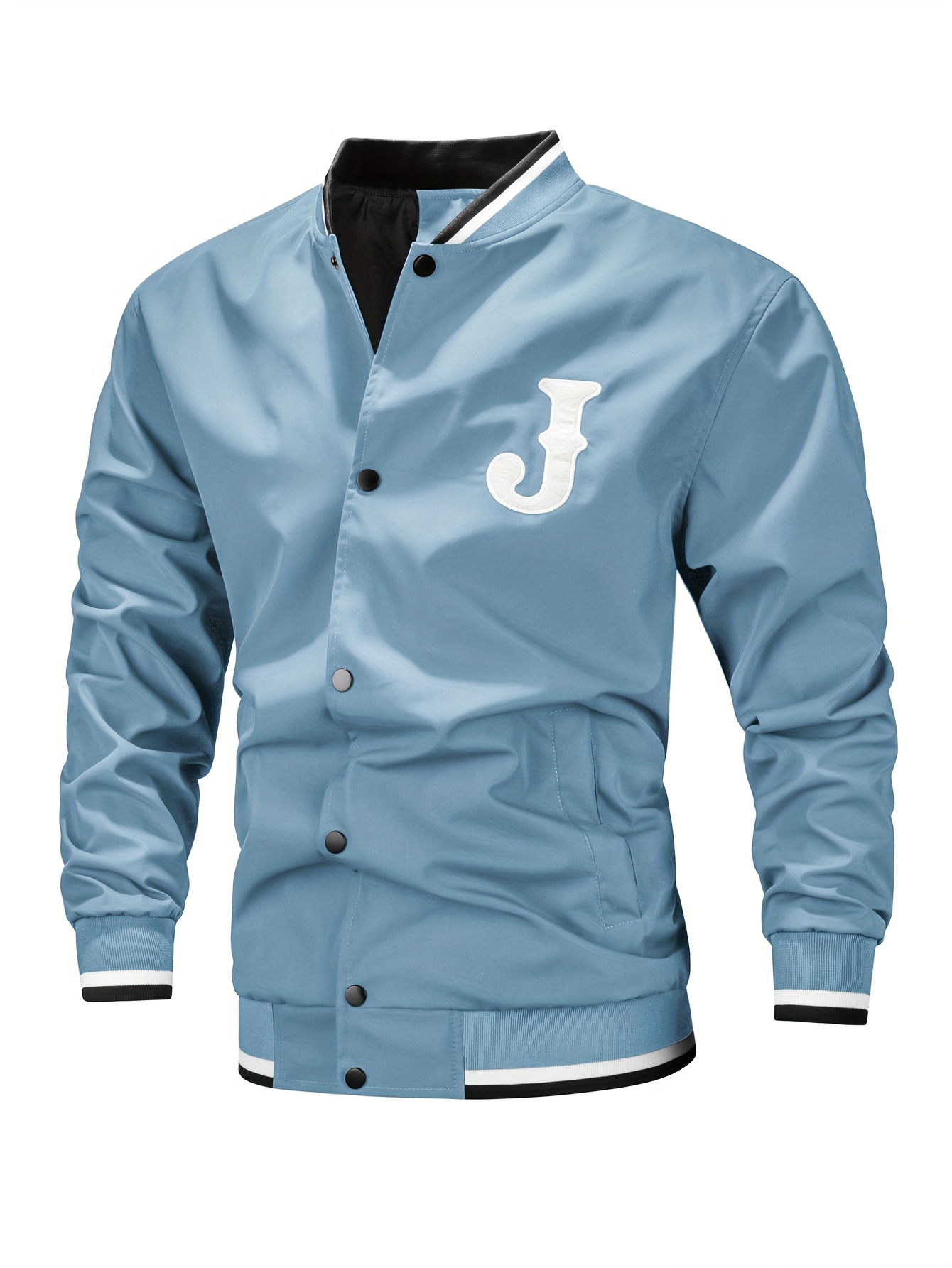 mens casual letter print varsity jacket chic baseball collar button up bomber jacket details 12