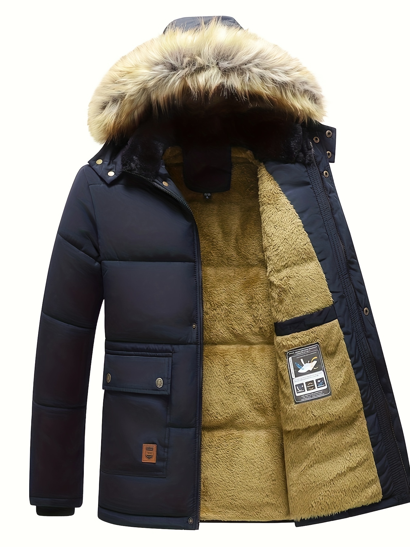 mens winter removable hooded cotton padded jacket coat sherpa lined midi packable parka jackets details 4