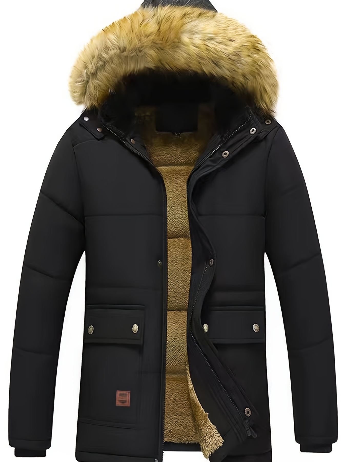 mens winter removable hooded cotton padded jacket coat sherpa lined midi packable parka jackets details 7