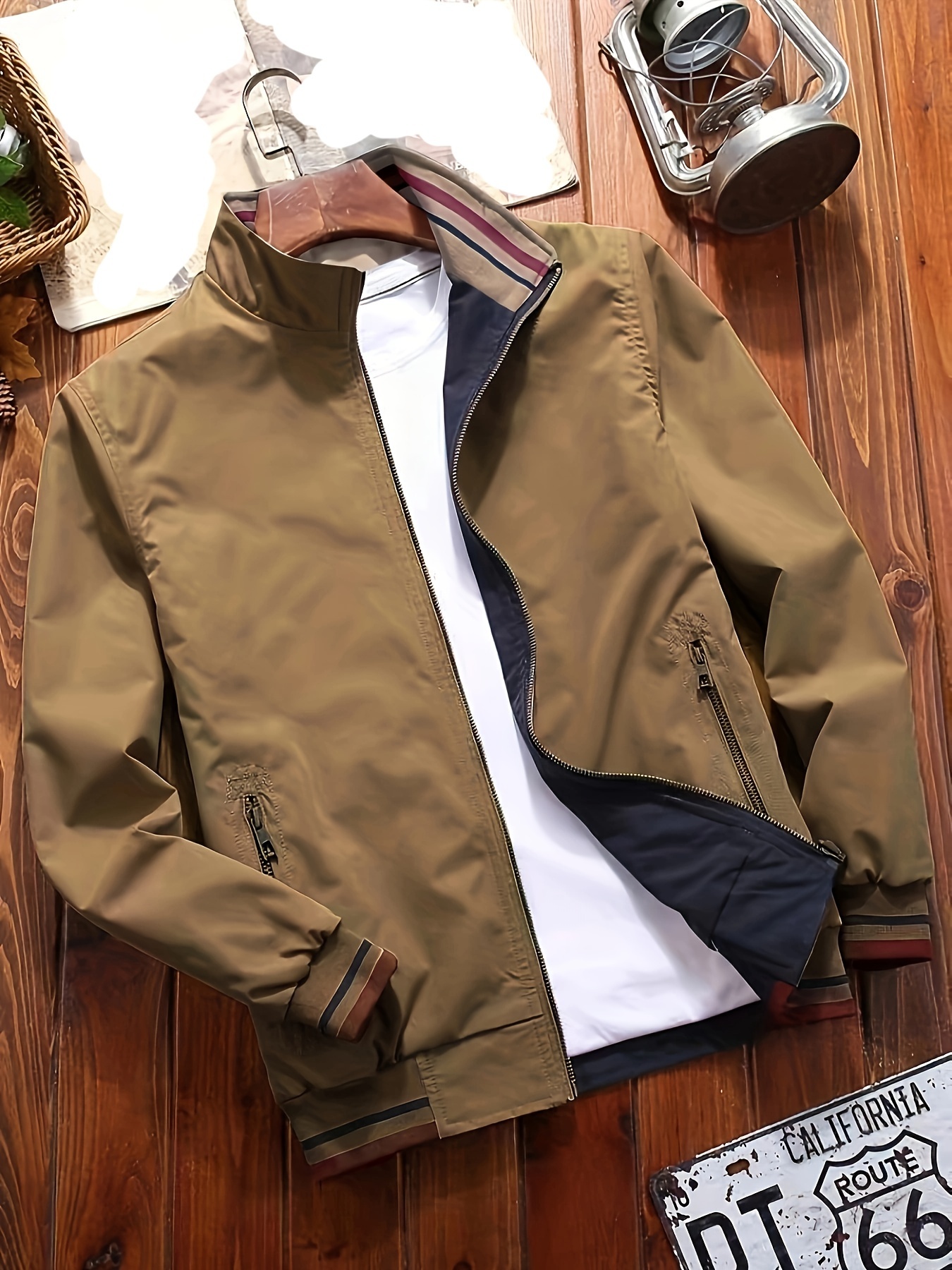 mens sports jacket coat lapel zipper pockets windproof ribbed cuff coat for daily wear details 0