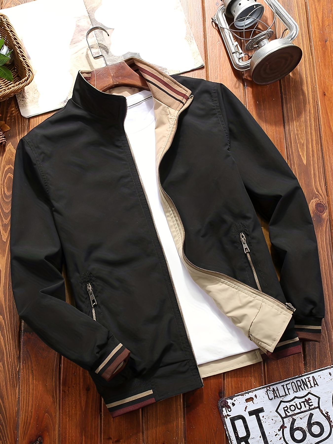 mens sports jacket coat lapel zipper pockets windproof ribbed cuff coat for daily wear details 5