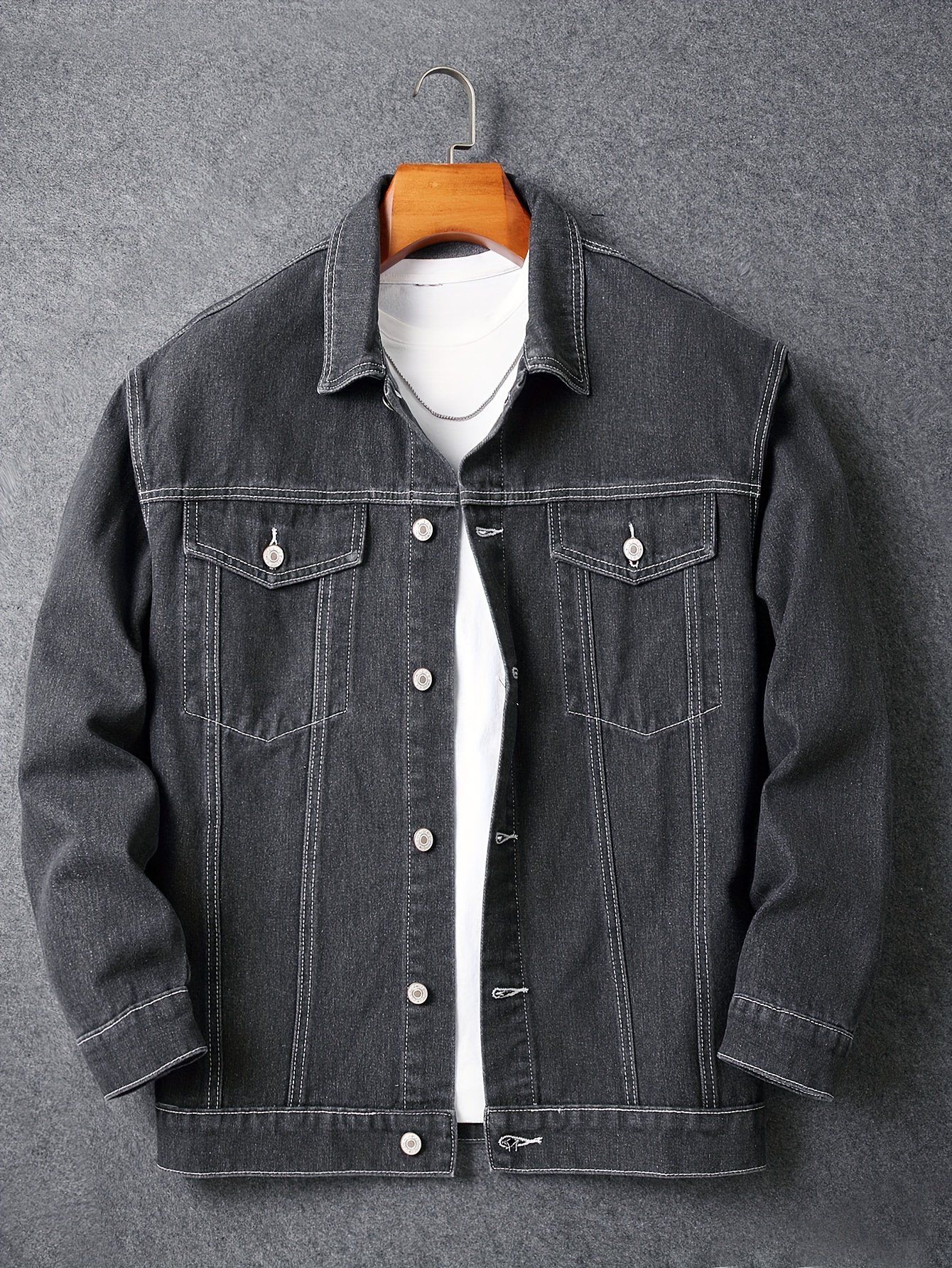 mens trendy white line double pocket loose denim jacket details 0