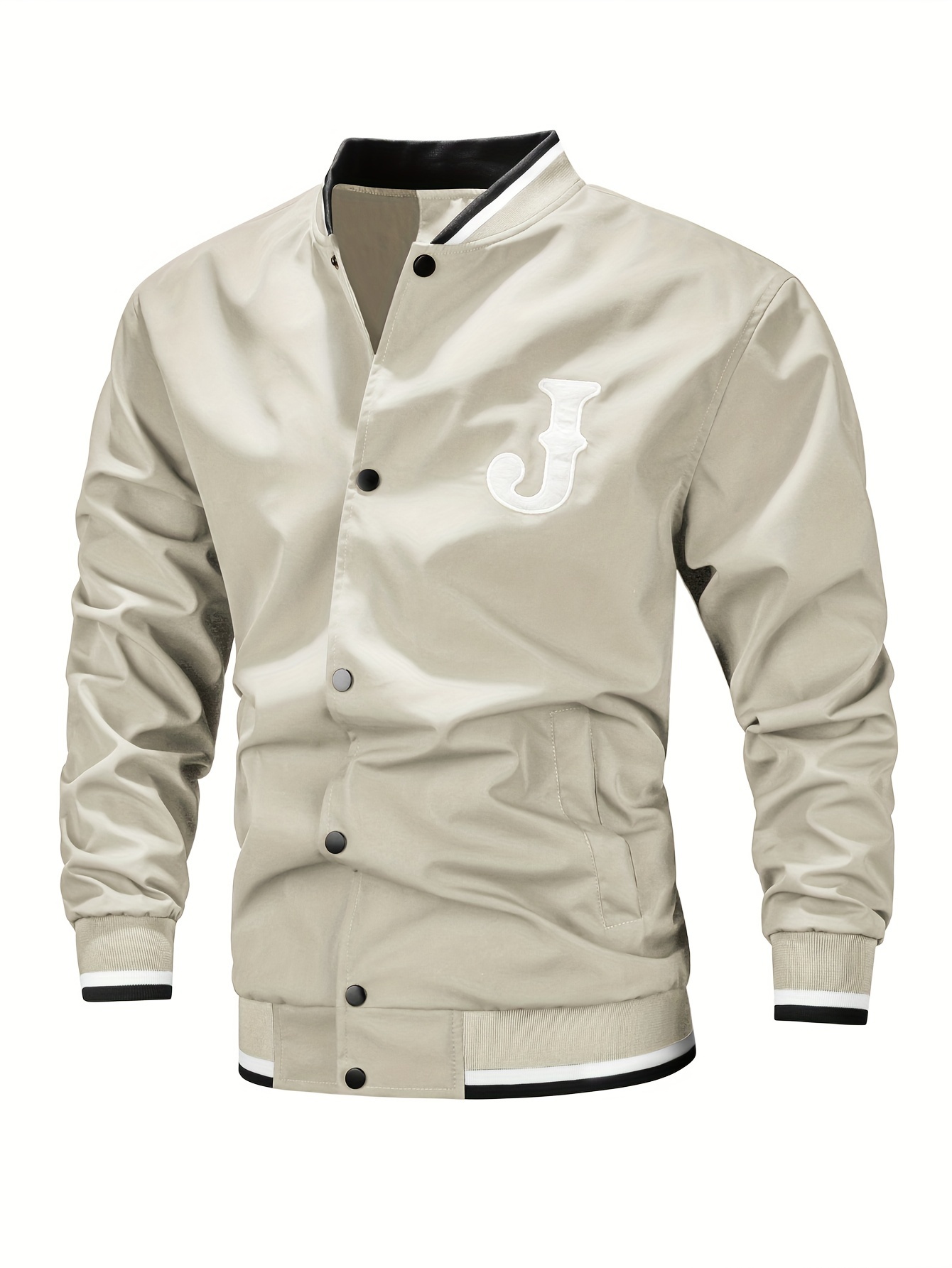 mens casual letter print varsity jacket chic baseball collar button up bomber jacket details 0