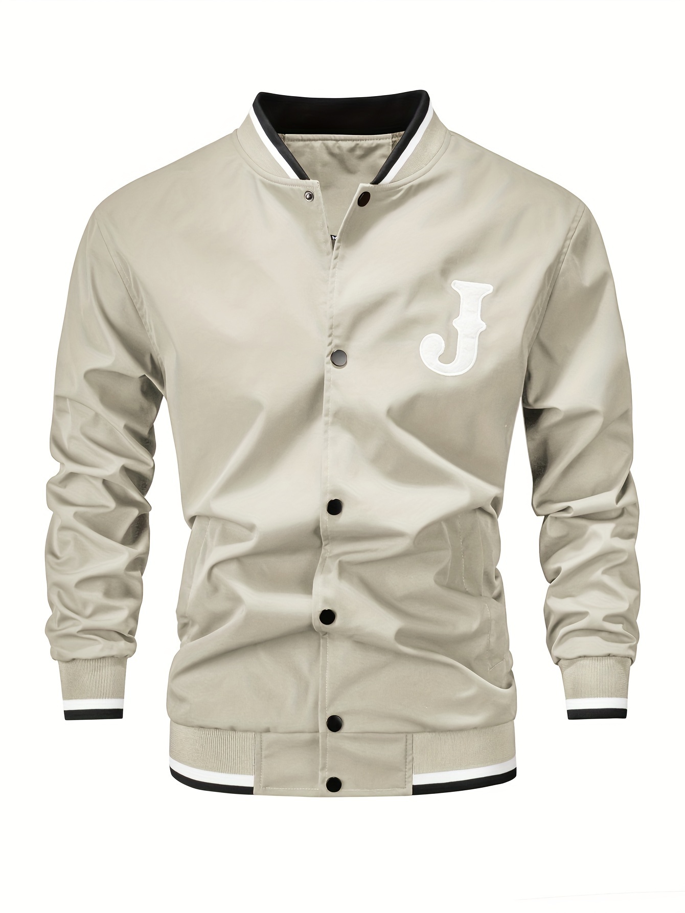 mens casual letter print varsity jacket chic baseball collar button up bomber jacket details 4