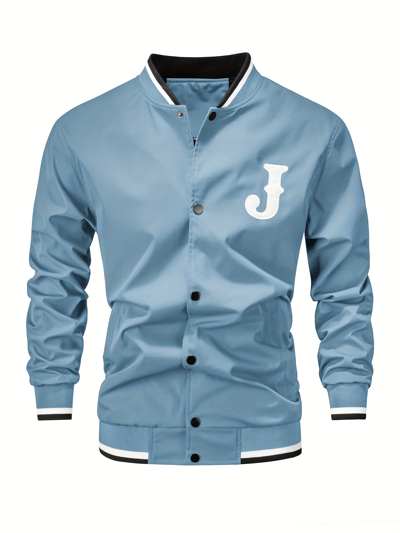 mens casual letter print varsity jacket chic baseball collar button up bomber jacket details 16