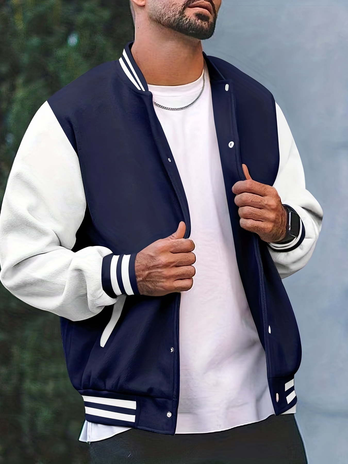 mens color block bomber jacket casual baseball collar varsity jacket for spring fall details 6