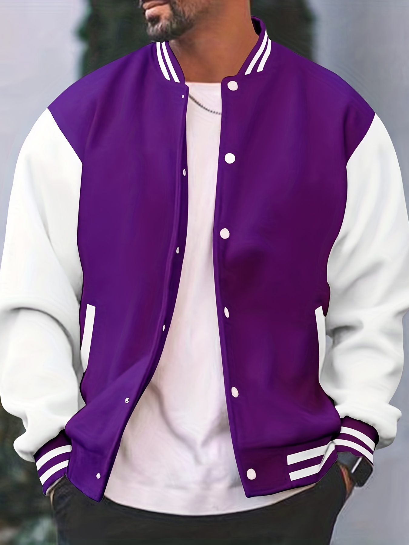 mens color block bomber jacket casual baseball collar varsity jacket for spring fall details 18