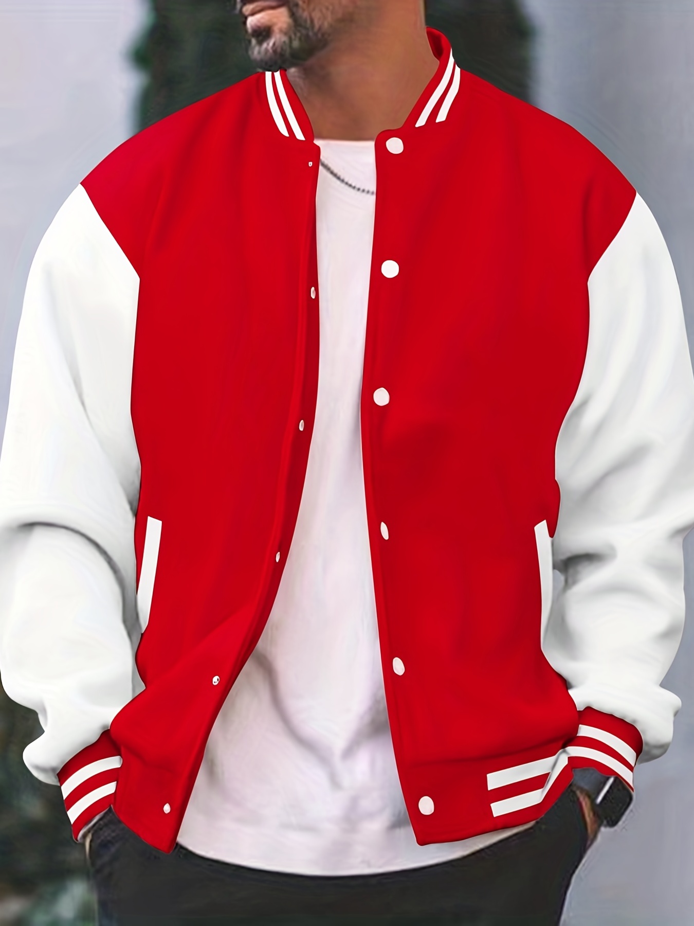 mens color block bomber jacket casual baseball collar varsity jacket for spring fall details 24