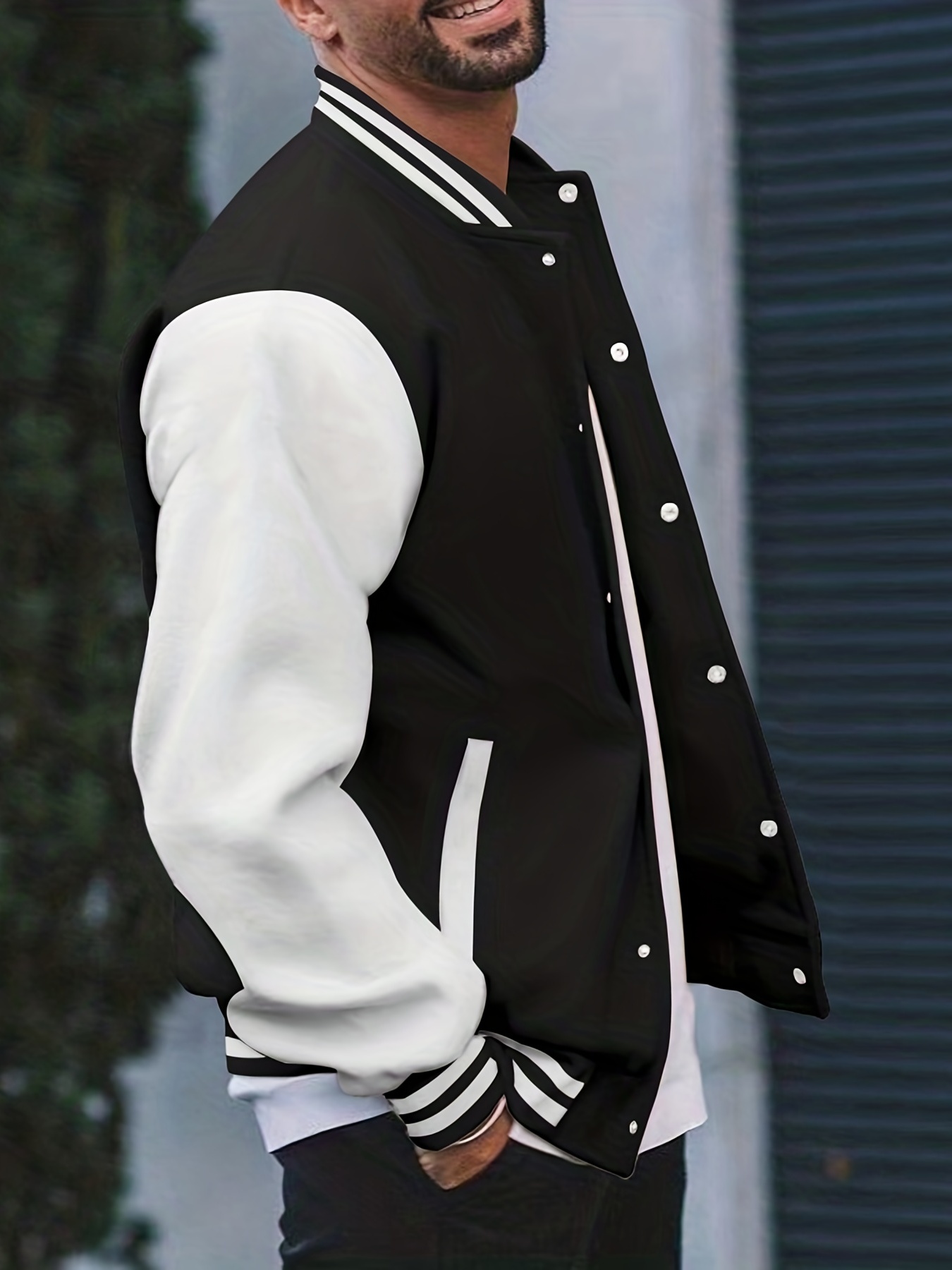 mens color block bomber jacket casual baseball collar varsity jacket for spring fall details 34