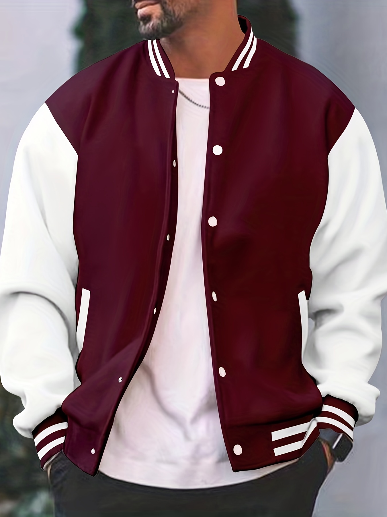 mens color block bomber jacket casual baseball collar varsity jacket for spring fall details 39