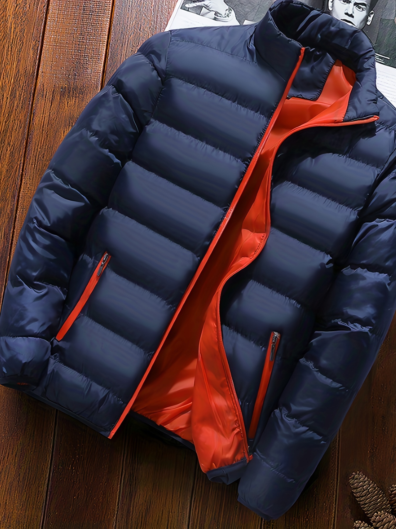 mens casual stand collar warm quilted jacket for fall winter details 0