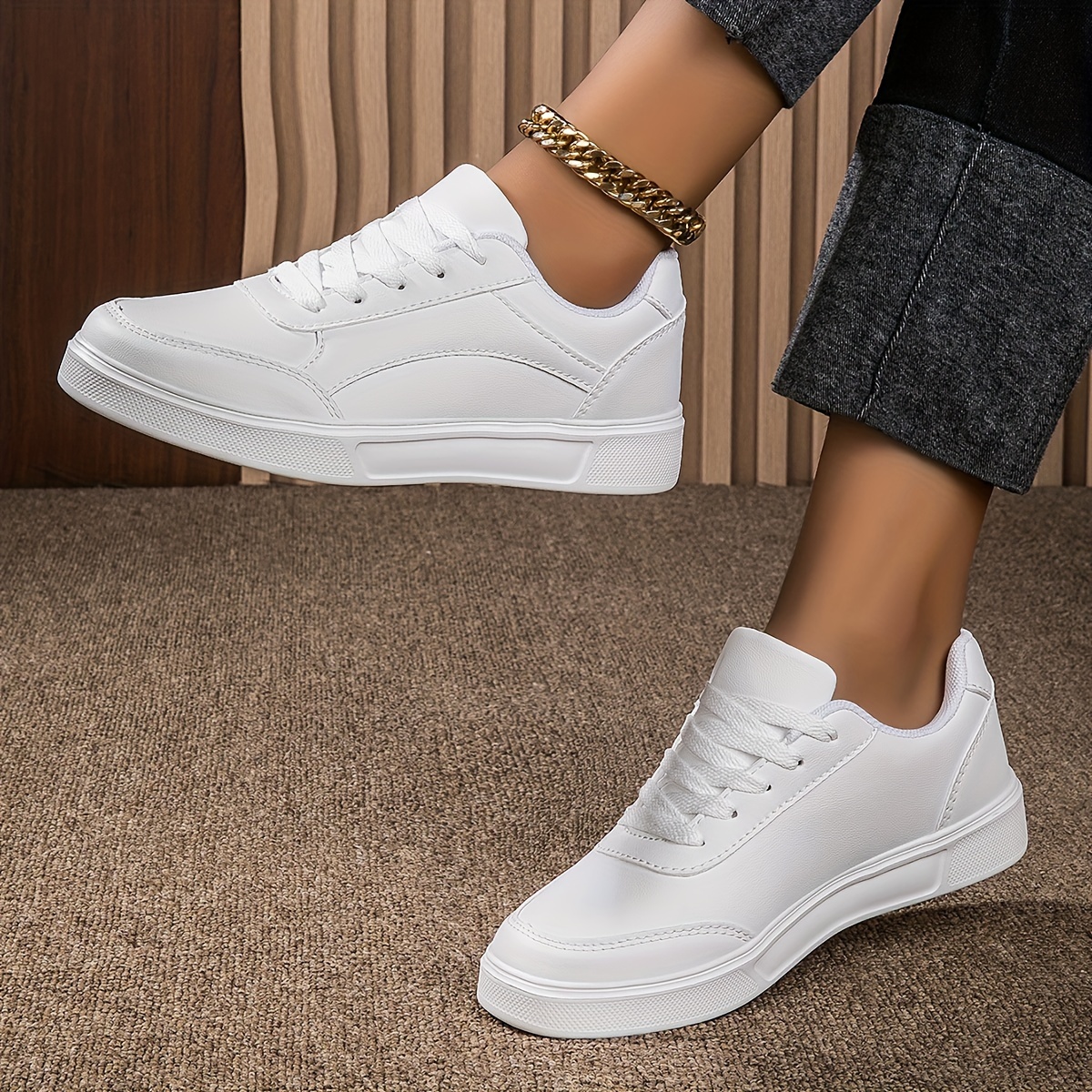 womens white skate shoes casual lace up outdoor shoes lightweight low top faux leather shoes details 5