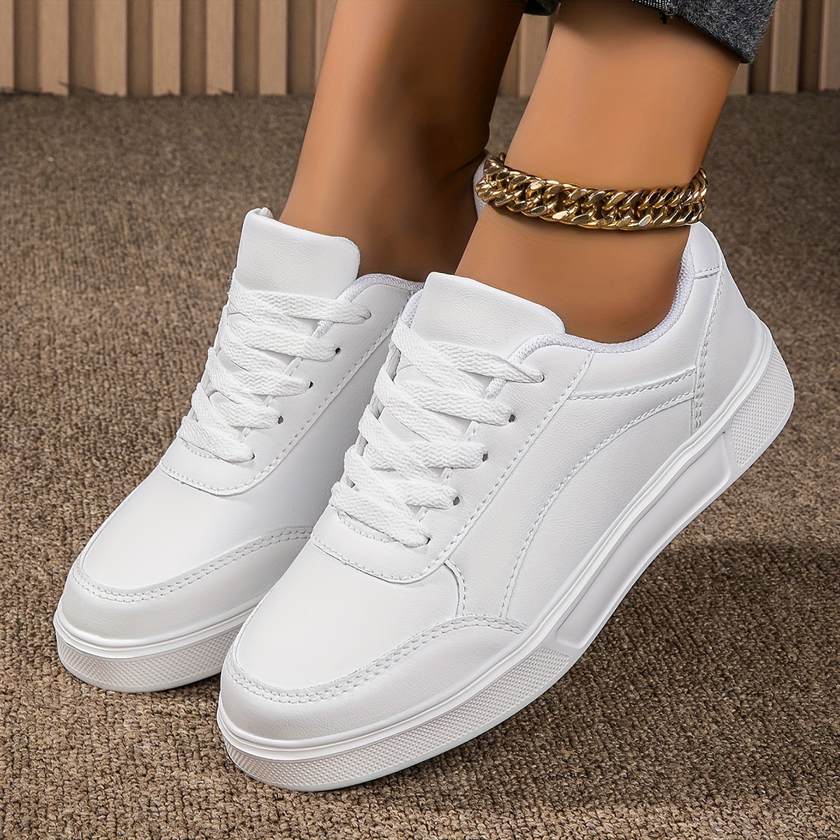 womens white skate shoes casual lace up outdoor shoes lightweight low top faux leather shoes details 6