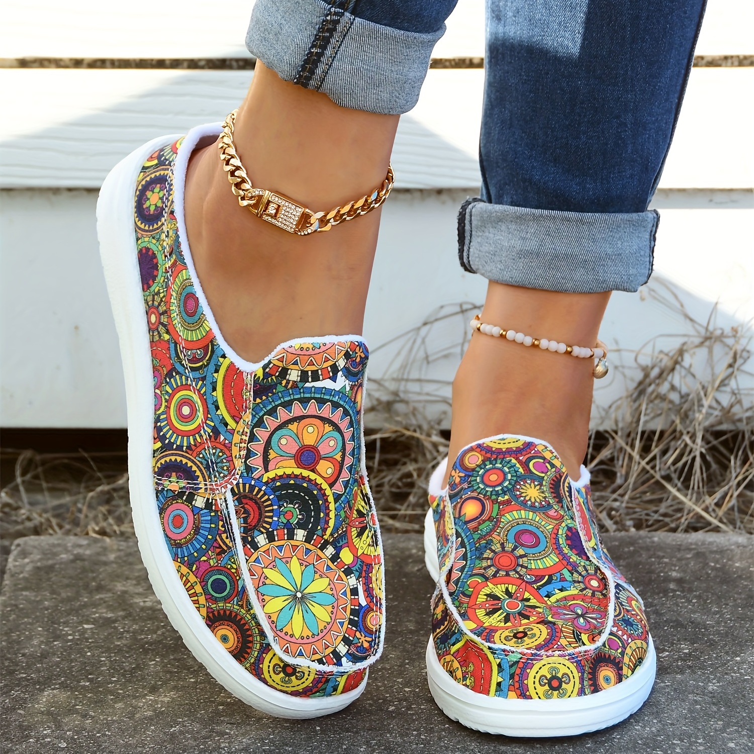 womens colorful floral print canvas shoes fashion slip on flat backless loafers casual walking shoes details 2